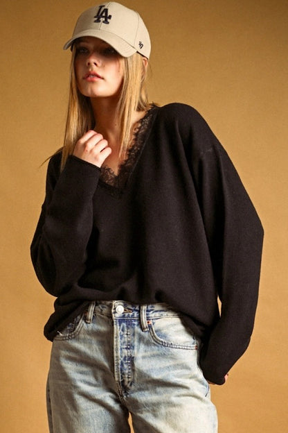 Amazing Lace V-Neckline Sweater Black