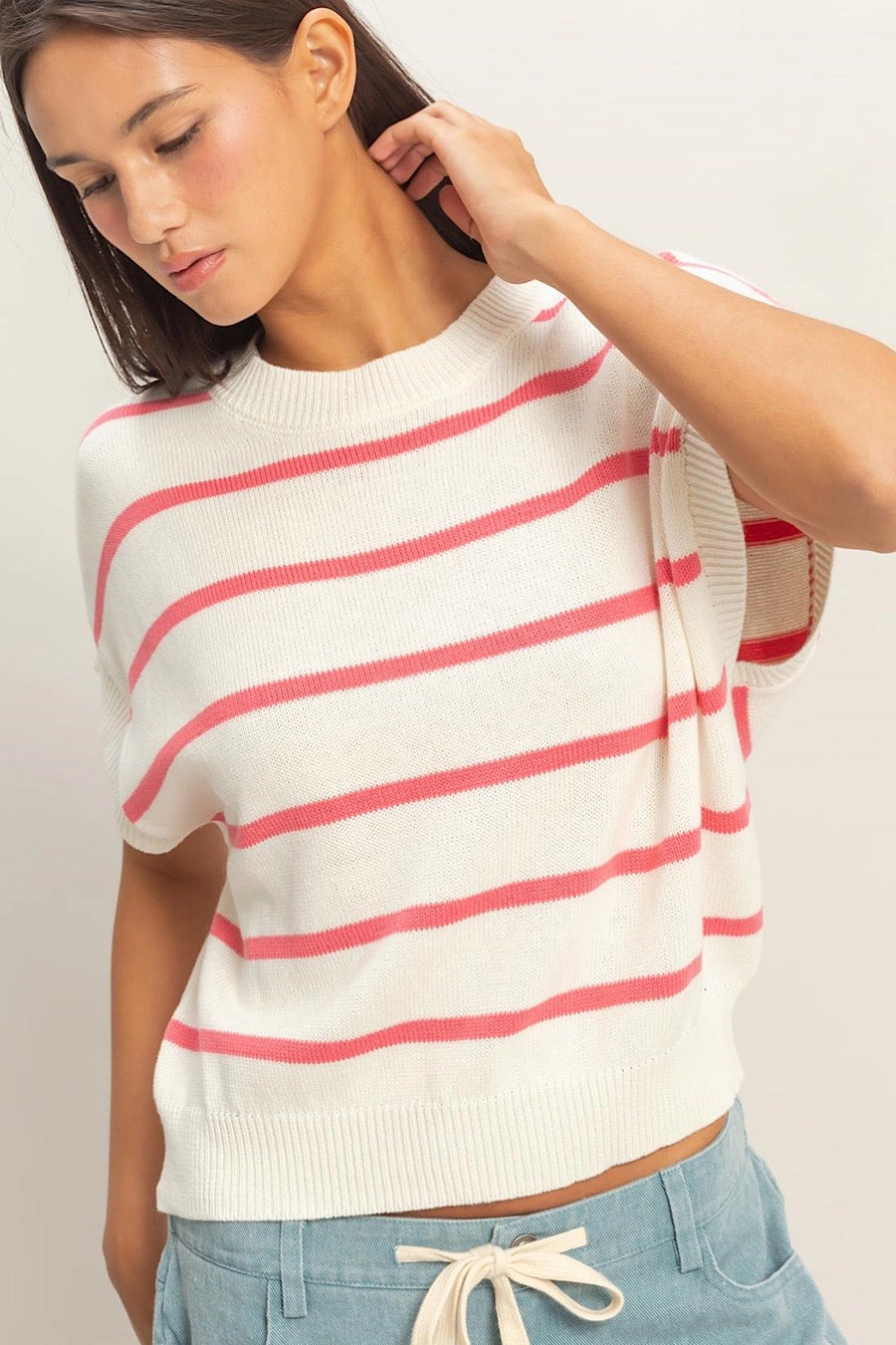 Lilly Short Sleeve Striped Knit Top Pink