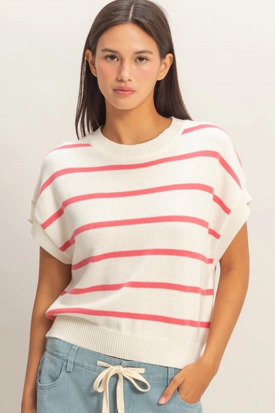 Lilly Short Sleeve Striped Knit Top Pink