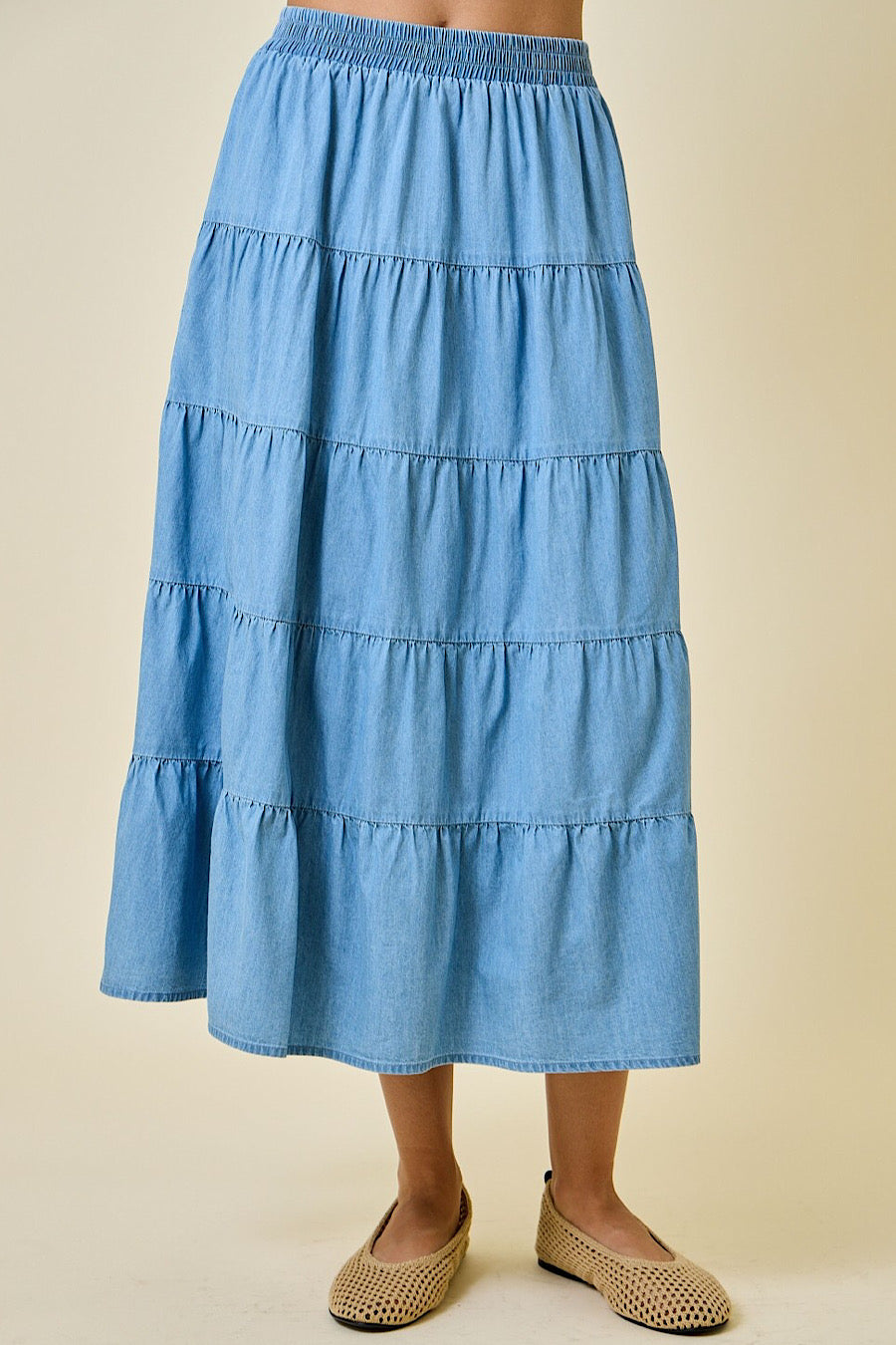 Alandro Tiered Denim Chambray Maxi Skirt