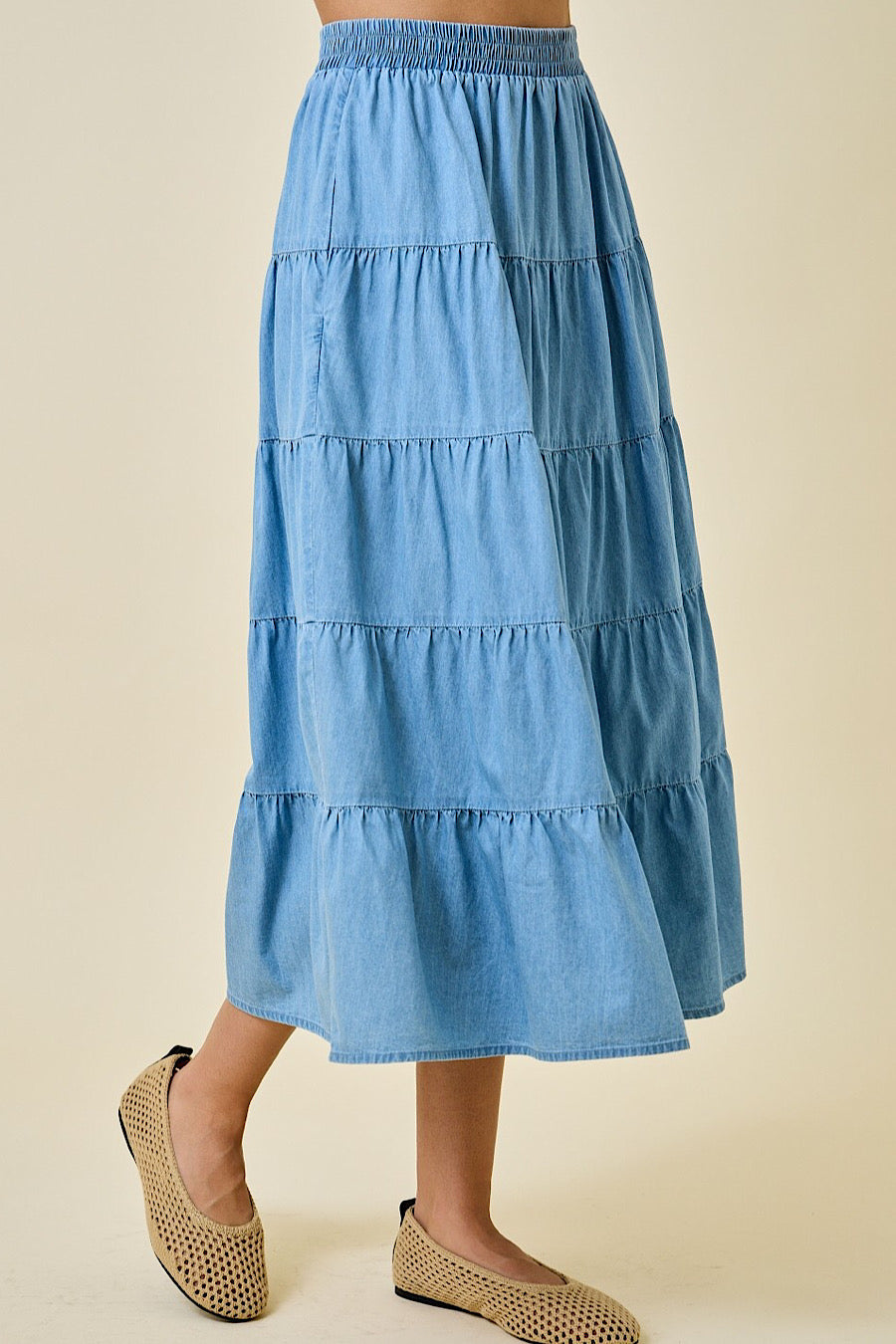 Alandro Tiered Denim Chambray Maxi Skirt