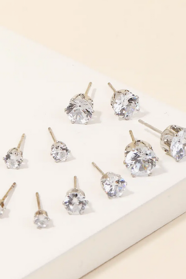 Cubic Zirconia Rhinestone Stud Earring Set in Silver or Gold