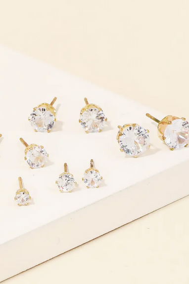 Cubic Zirconia Rhinestone Stud Earring Set in Silver or Gold