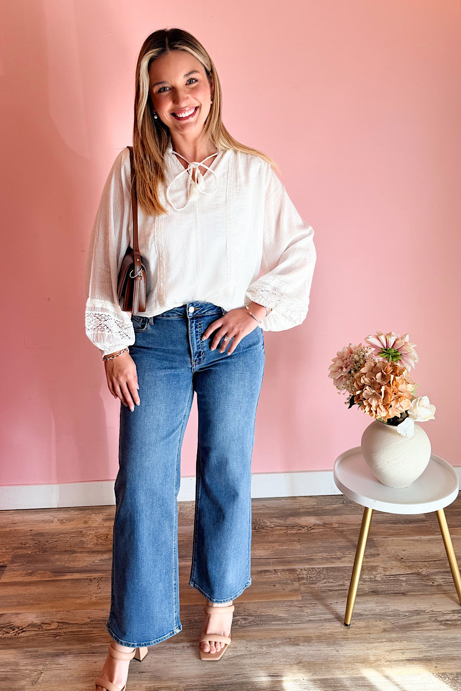 Let Me Be Eyelet White Flowy Blouse