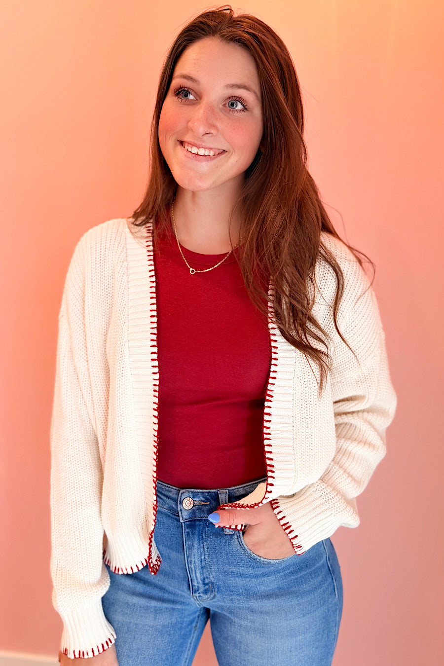 American Flag Stitch Open Knit Cardigan