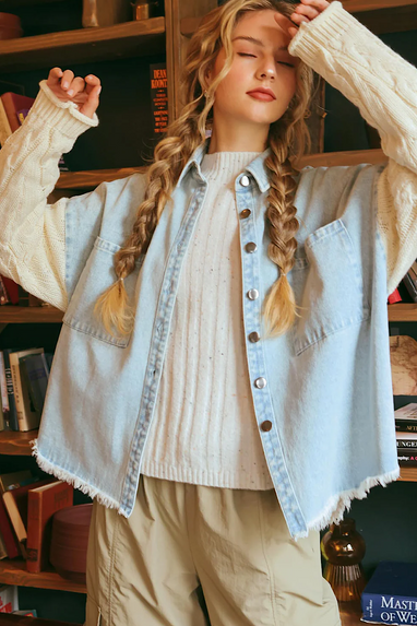Contrast Knit Sleeve Shacket Denim