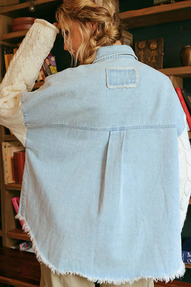 Contrast Knit Sleeve Shacket Denim