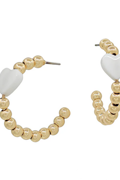 White Heart Beaded Hoop Earrings