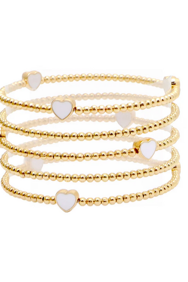 White Heart 5pc Beaded Bracelet Set