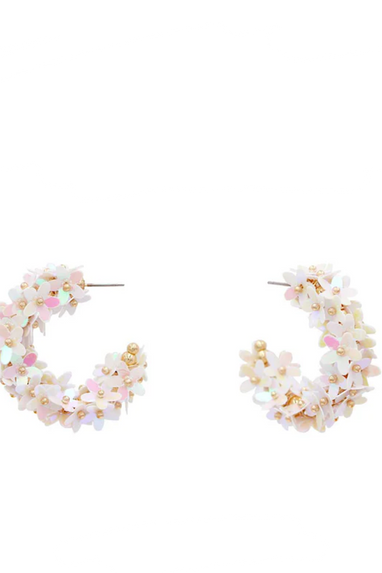 White Flower Sequin Hoop Earrings