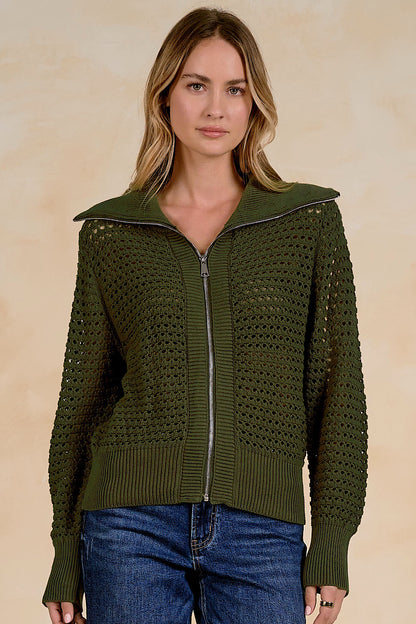 Sweater Retreat Open Knit Zip Up Top