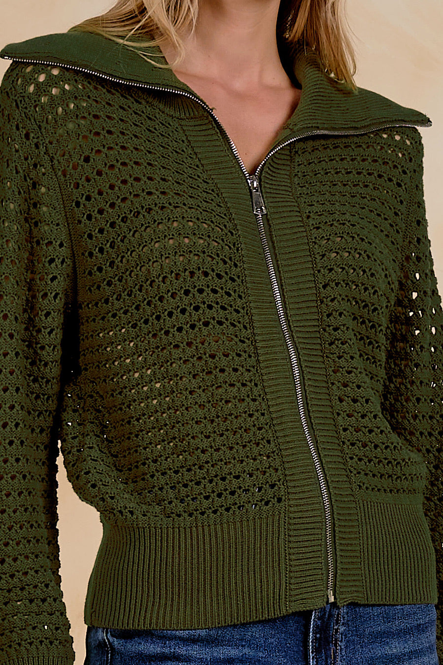 Sweater Retreat Open Knit Zip Up Top