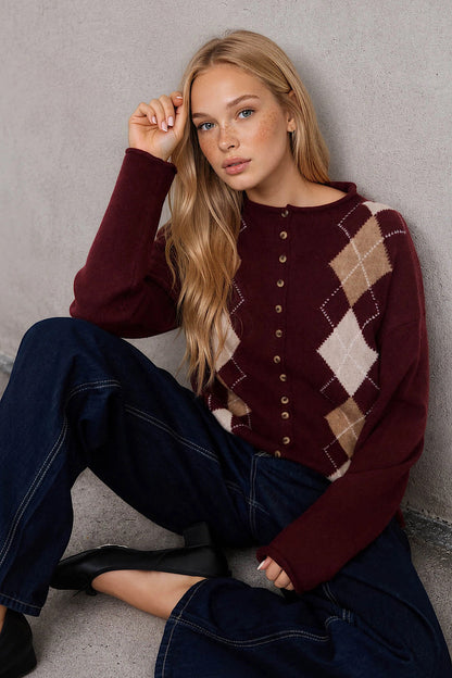 Rustic Spot Argyle Cardigan Sweater Oxblood