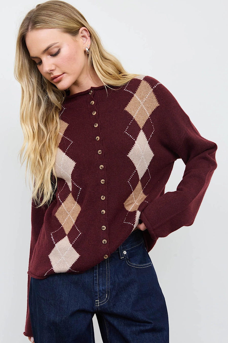 Rustic Spot Argyle Cardigan Sweater Oxblood