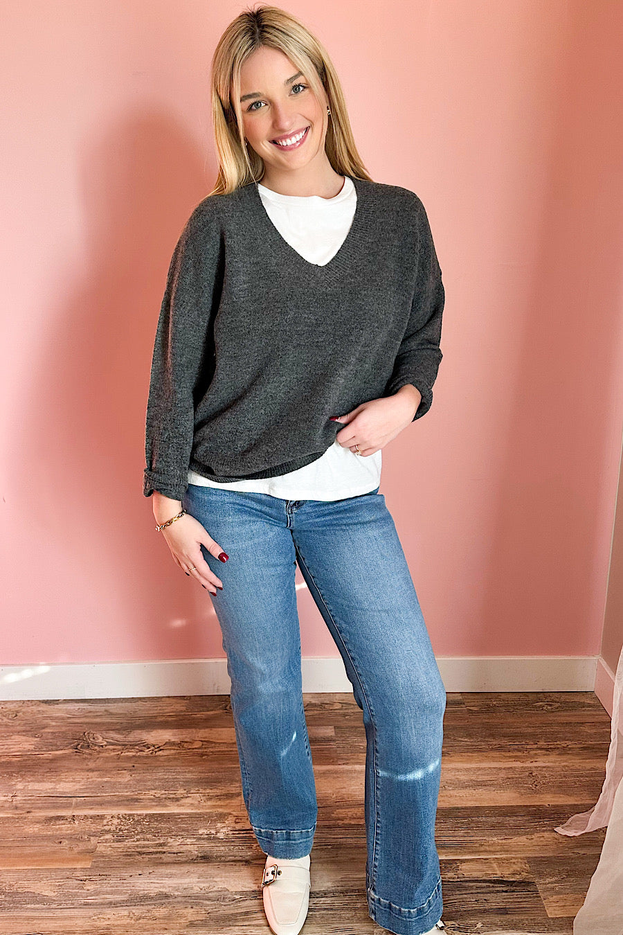 Warren V-Neck Knit Sweater in Charcoal
