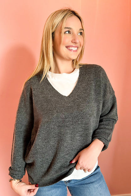 Warren V-Neck Knit Sweater in Charcoal