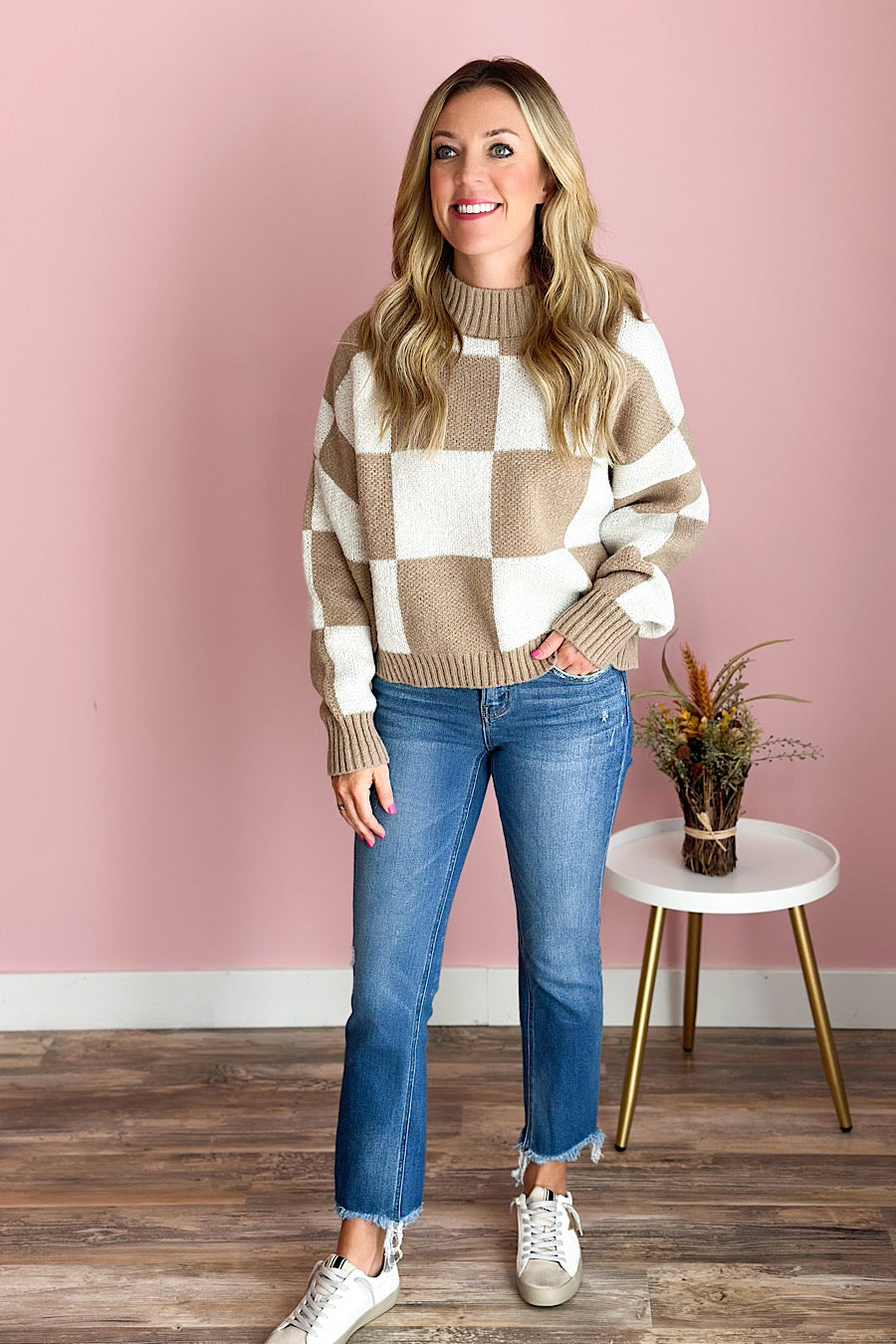 Checkered Pullover Sweater Camel