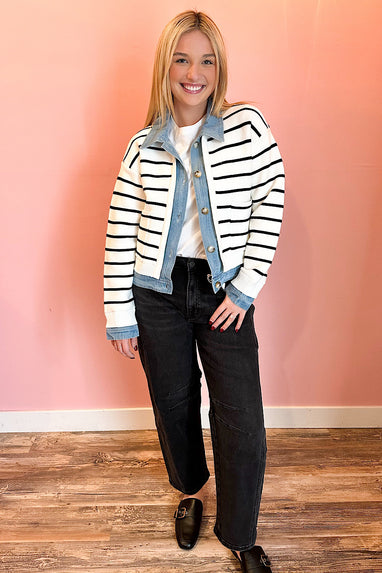 Layered Stripe Sweater & Denim Cardigan