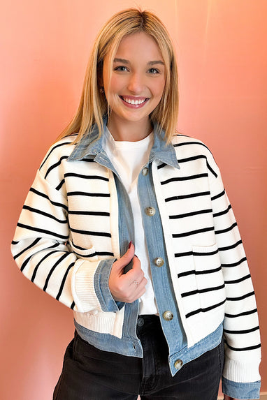 Layered Stripe Sweater & Denim Cardigan