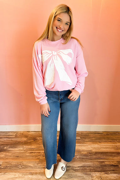 Oversized Bow Corded Sweatshirt Pink