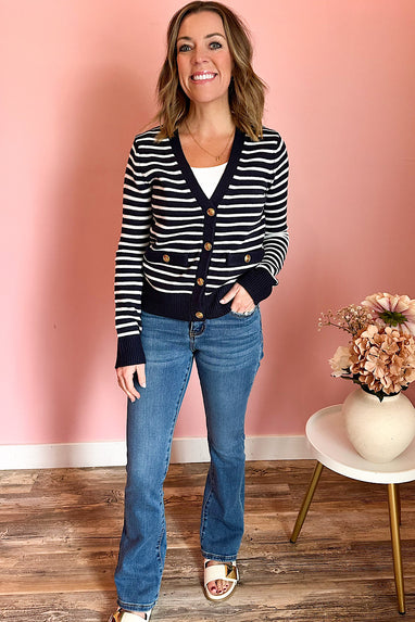 On Deck Striped Sweater Cardigan Navy