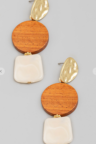 Wooden & Gold Disc Drop Earrings