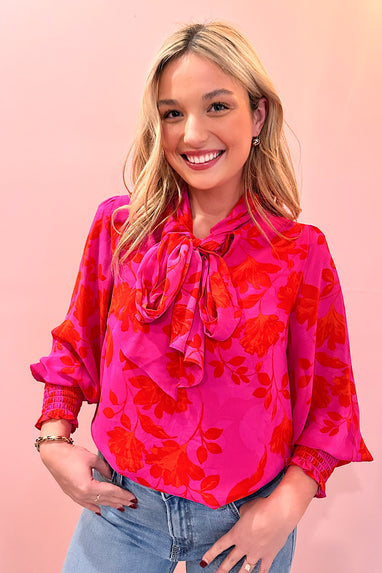 Wild Emotions Tie Neck Blouse Fuchsia