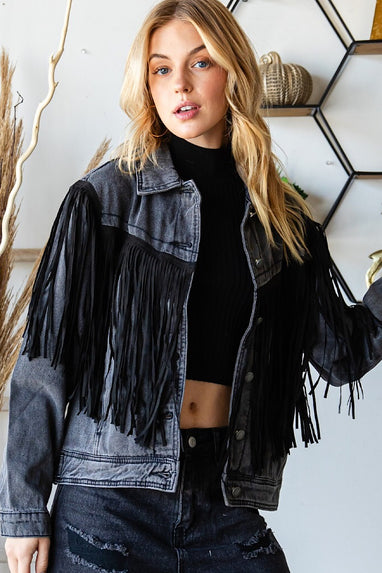 Heading West Fringe Denim Jacket Black