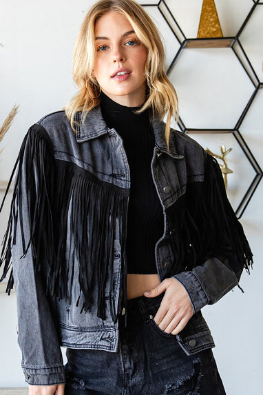 Heading West Fringe Denim Jacket Black