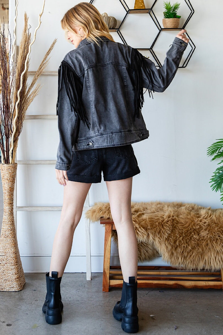 Heading West Fringe Denim Jacket Black