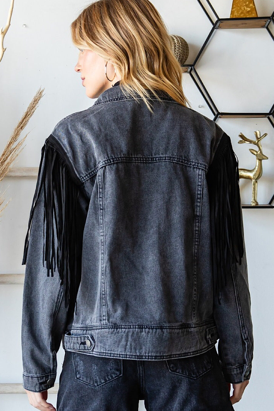Heading West Fringe Denim Jacket Black