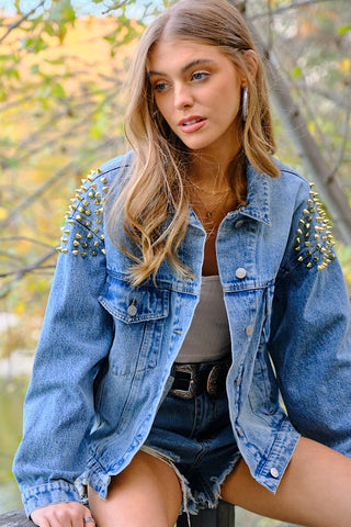 Ready, Spike, Go Studded Spike Denim Jacket