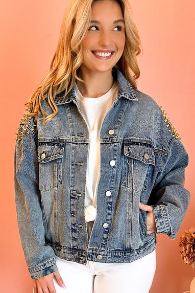 Ready, Spike, Go Studded Spike Denim Jacket