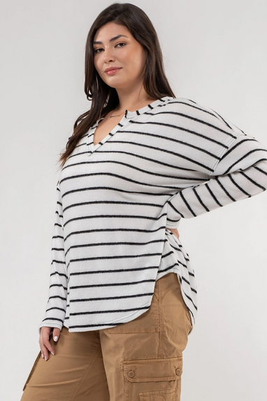 Curvy Plus Size Coffee & Conquer Striped Top