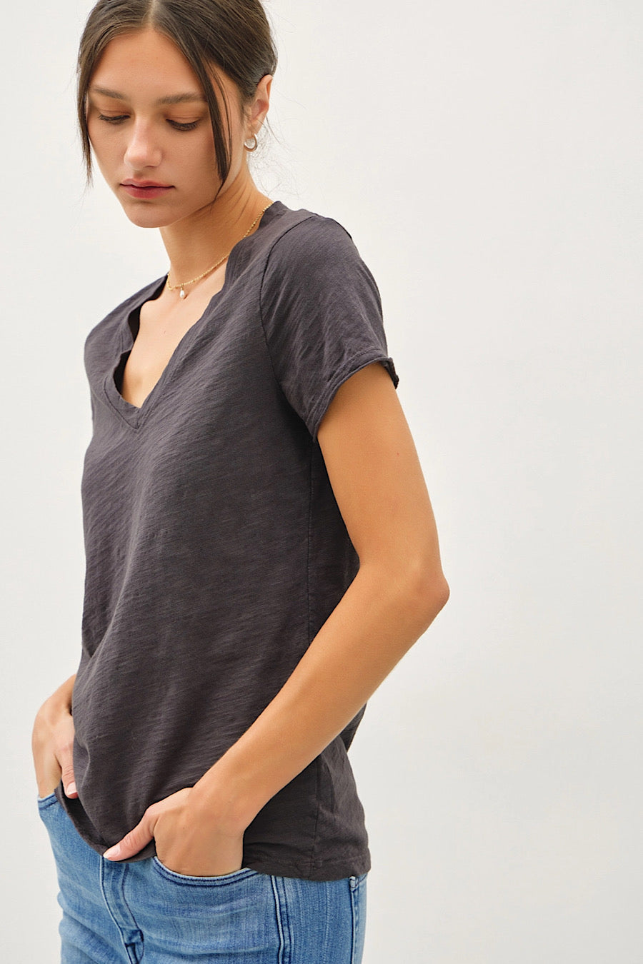 Classic Raw Trim V-Neck T-Shirt Charcoal