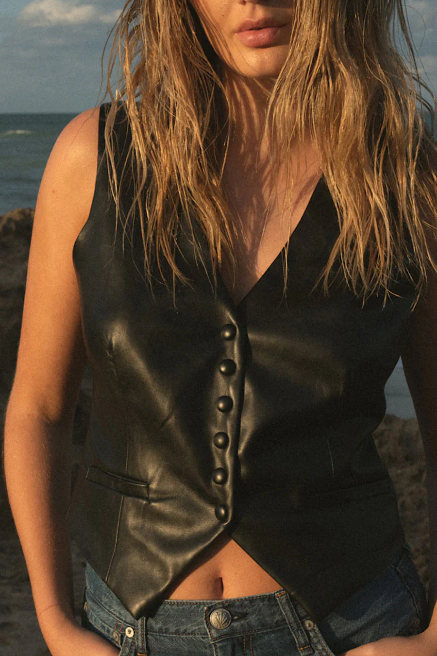 Elan Faux Leather Vest in Black