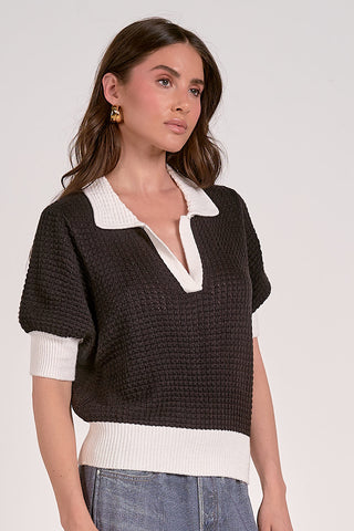 Rita Collared Knit Top Black/White