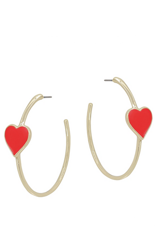 Red Heart Hoop Earrings Gold