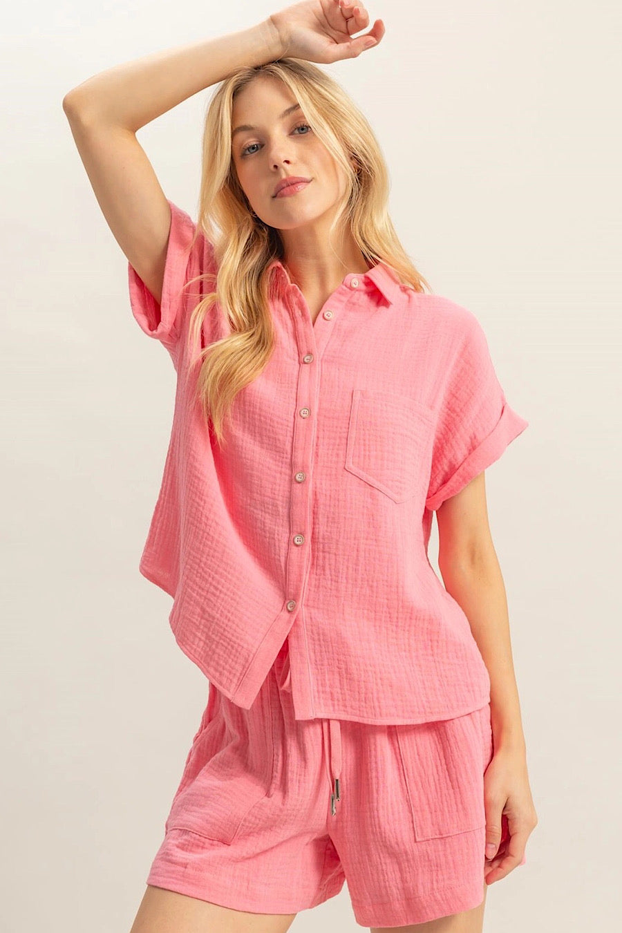 Coral Pink Gauze Cotton Short &amp; Shirt Set
