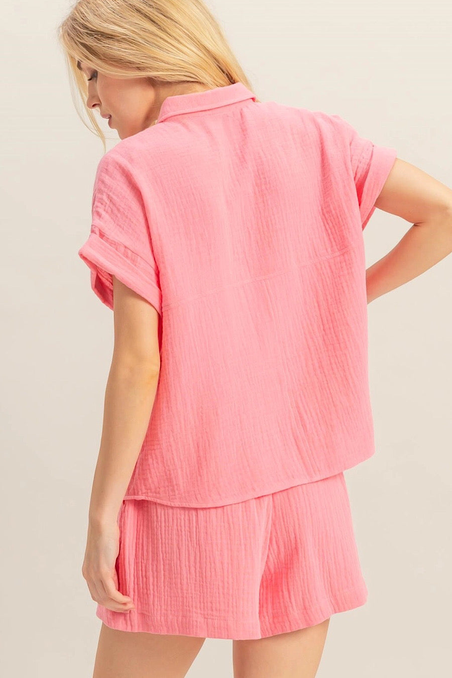 Coral Pink Gauze Cotton Short &amp; Shirt Set