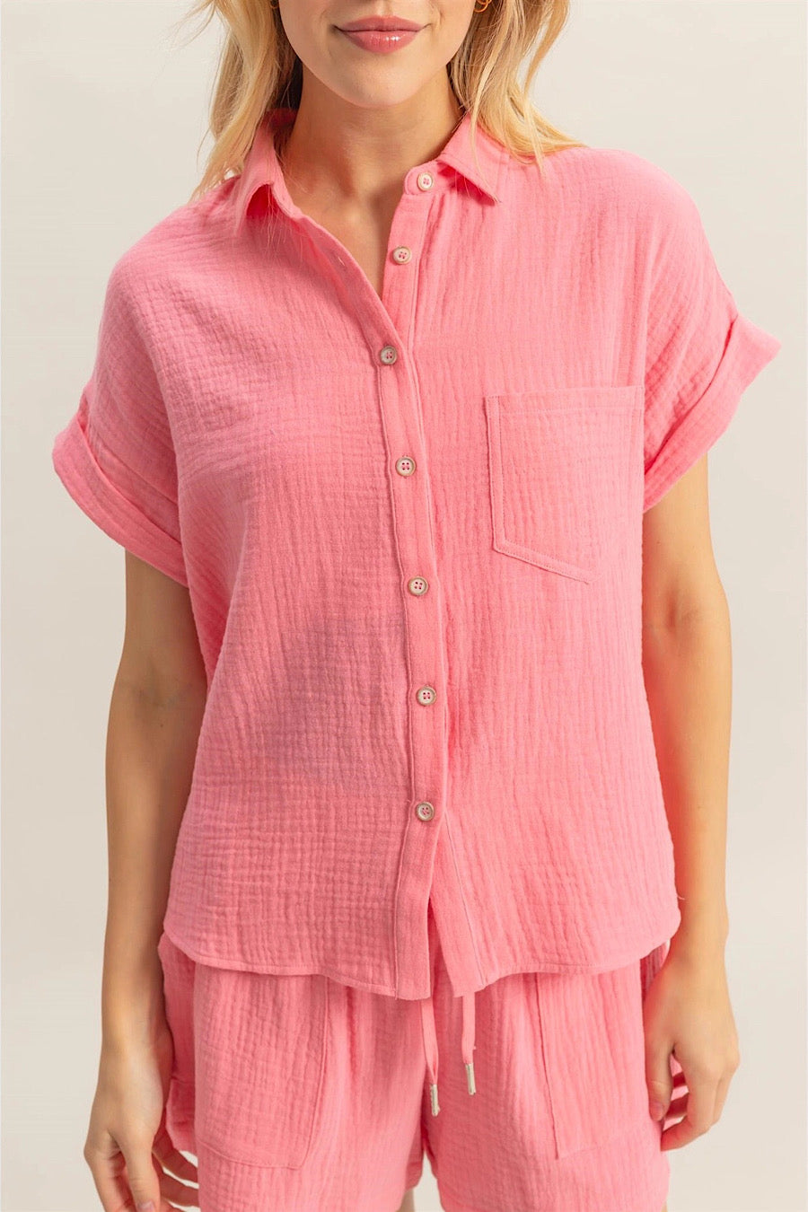 Coral Pink Gauze Cotton Short &amp; Shirt Set
