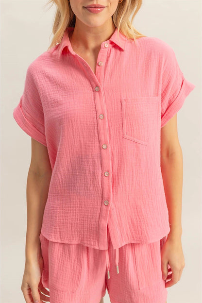 Coral Pink Gauze Cotton Short &amp; Shirt Set