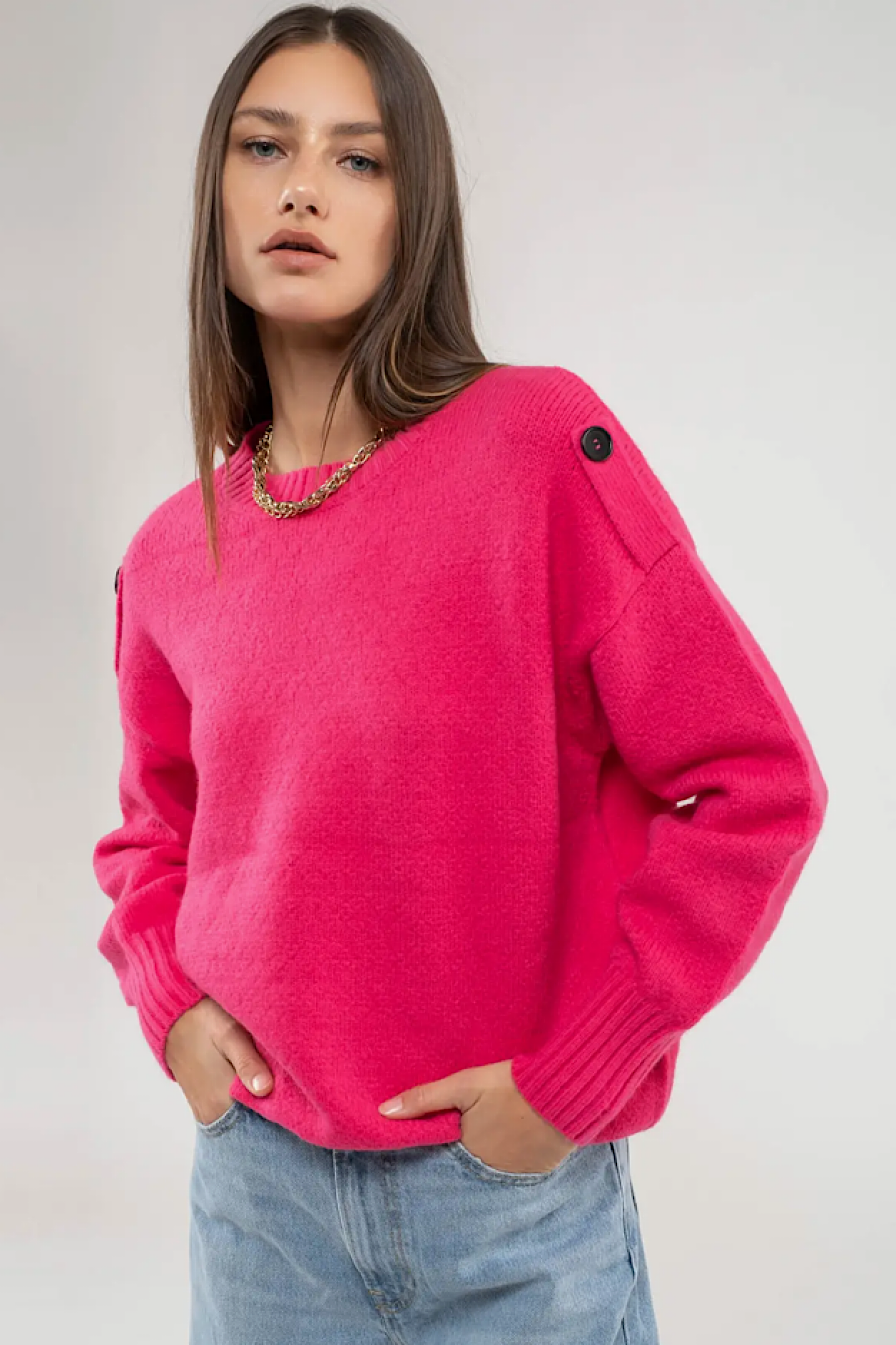 Rachelle Button Tab Sweater Pink