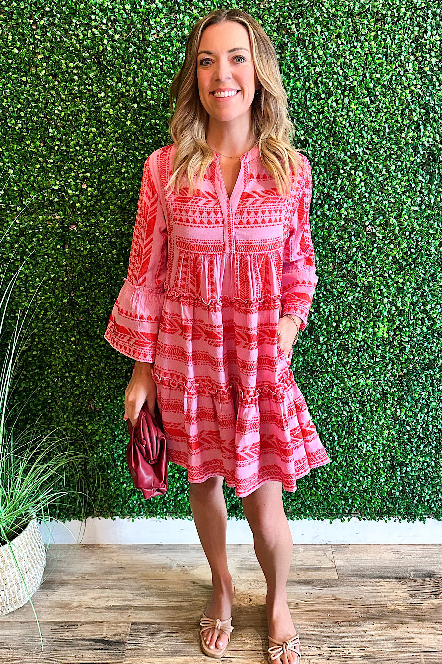 Montelucia Textured Print Dress Pink/Red