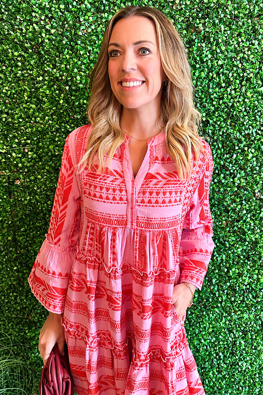 Montelucia Textured Print Dress Pink/Red