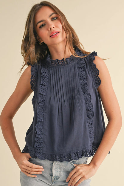 My Everything Eyelet Ruffle Trim Top Navy