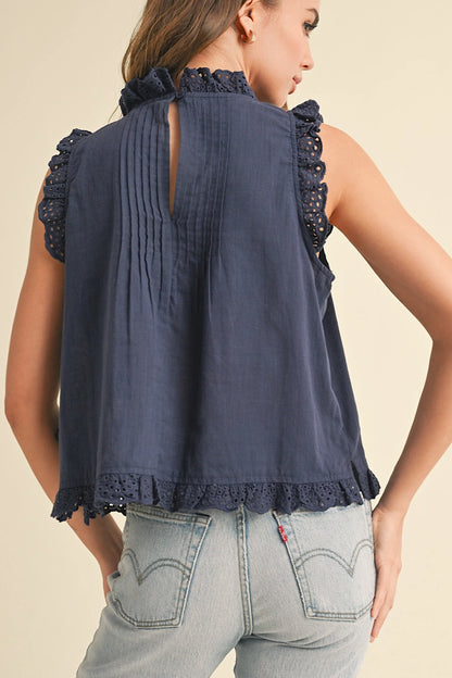 My Everything Eyelet Ruffle Trim Top Navy