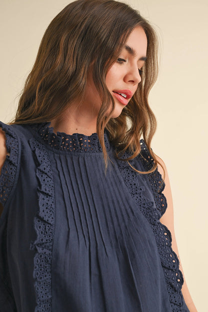 My Everything Eyelet Ruffle Trim Top Navy