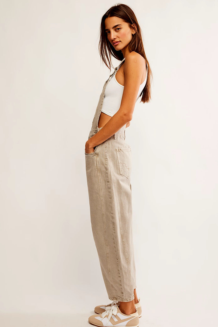 Free People Good Luck Barrel Overalls Cobblestone