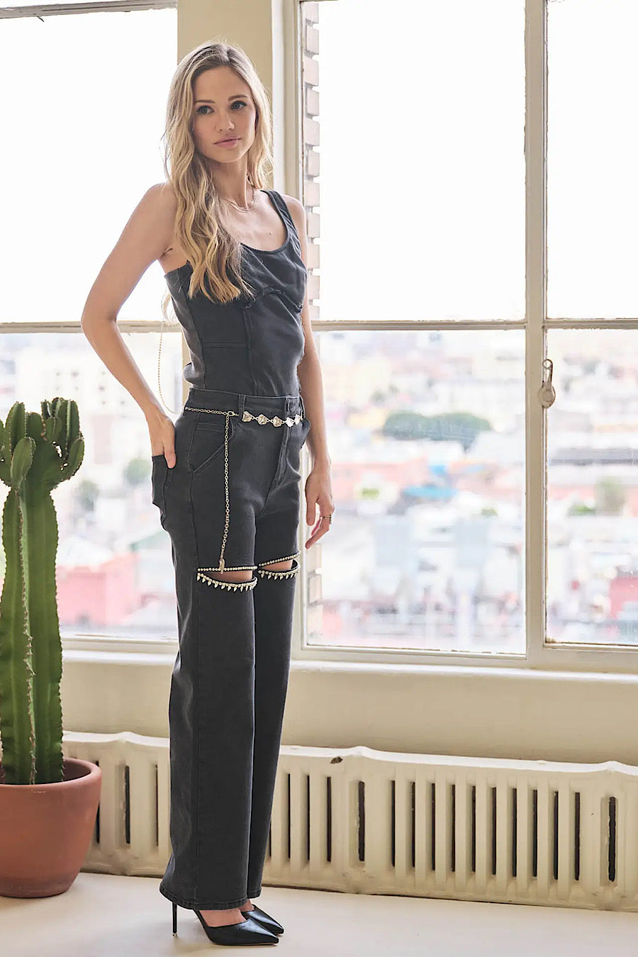 Hold ‘Em Rhinestone Cut-Out Jeans Black